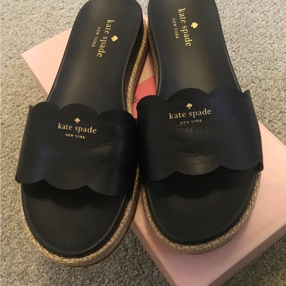 KATE SPADE New York “Zest” Black Leather Scalloped Espadrille Slide Sandals SZ 9